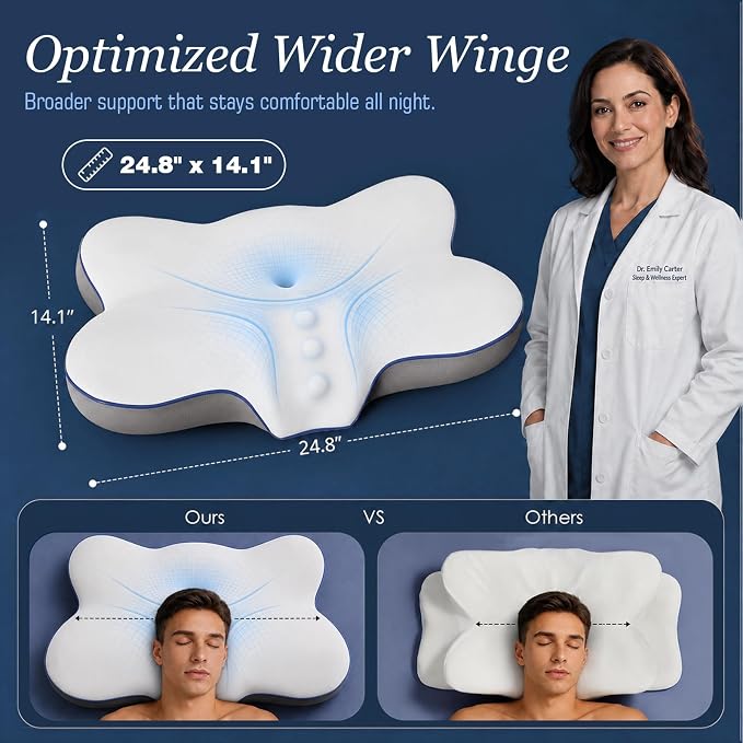 4X Cooling Cervical Pillow for Neck Pain Relief, Patented Side Sleepers | Contour Orthopedic Pillow for Neck Support, Large Ergonomic Memory Foam Bed Pillow for Sleeping, 24.8 x 14.1 x 3.54 / 5.31