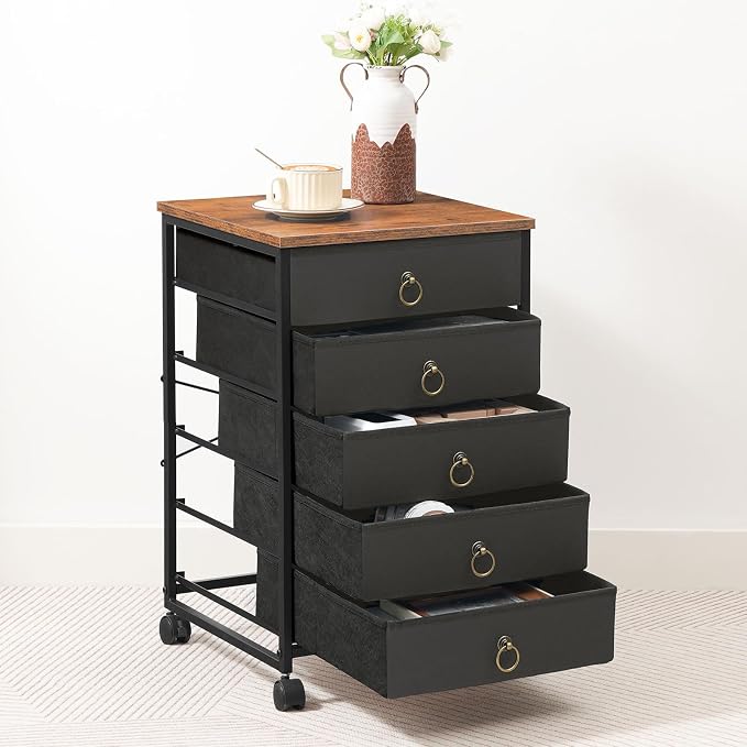 HOOBRO 5-Drawer Chest, Office File Cabinet with Drawers, Rolling Printer Stand, Filing Cabinet for Living Room, Home Office, Nonwovens Drawer, Easy Assembly, Black BFK50WJ01