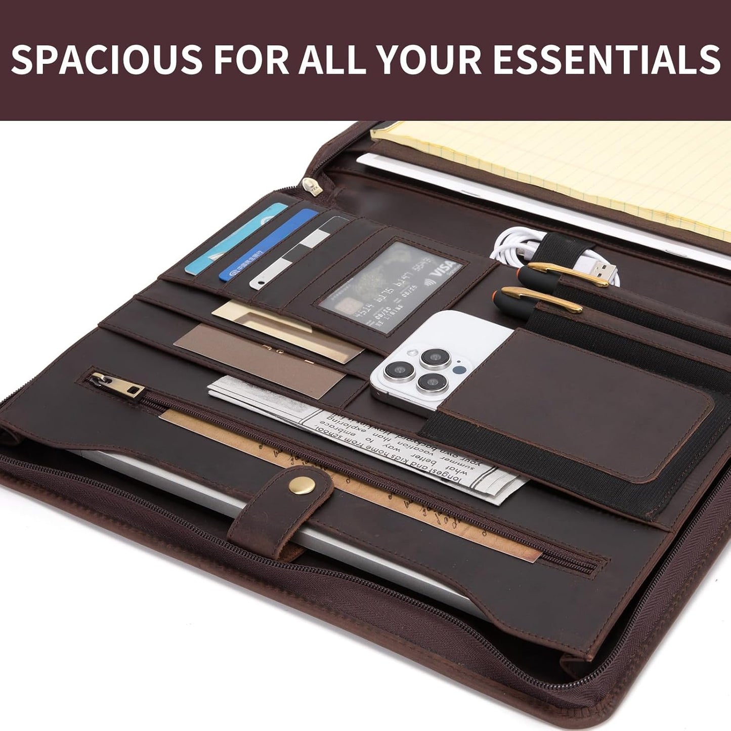 Genuine Leather Portfolio for Women and Men, 8.5 x 11 Legal Pad Padfolio, Zippered Notebook Organizer for 13” Laptop, Business Executive Professional Folio for Work, Dark Brown
