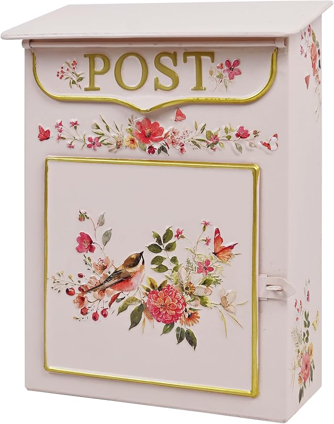Mailbox Wall Mount Mailboxes for Outside Vintage Mail Boxes for House Outside Metal Drop Box Antique Style Nostalgic Charm Home Decorative, Flower Pattern Pink