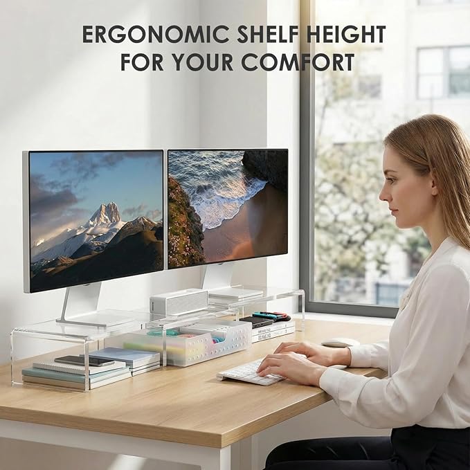 Clear Acrylic Desk Organizers and Accessories, Dual Monitor Stand Riser with Drawer, Desk Shelf Computer Racks for Office Workspace Organizers, Desktop Organization (Transparent)