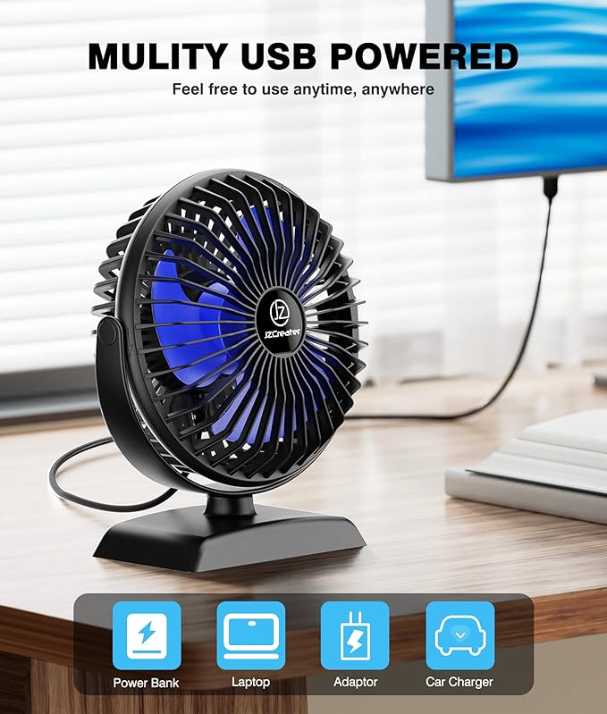 JZCreater USB Desk Fan, 360 Rotation Personal Cooling Fan with 3 Speeds, Quiet, Small, USB Powered for Home, Office, Bedroom, Car, Travel, Black