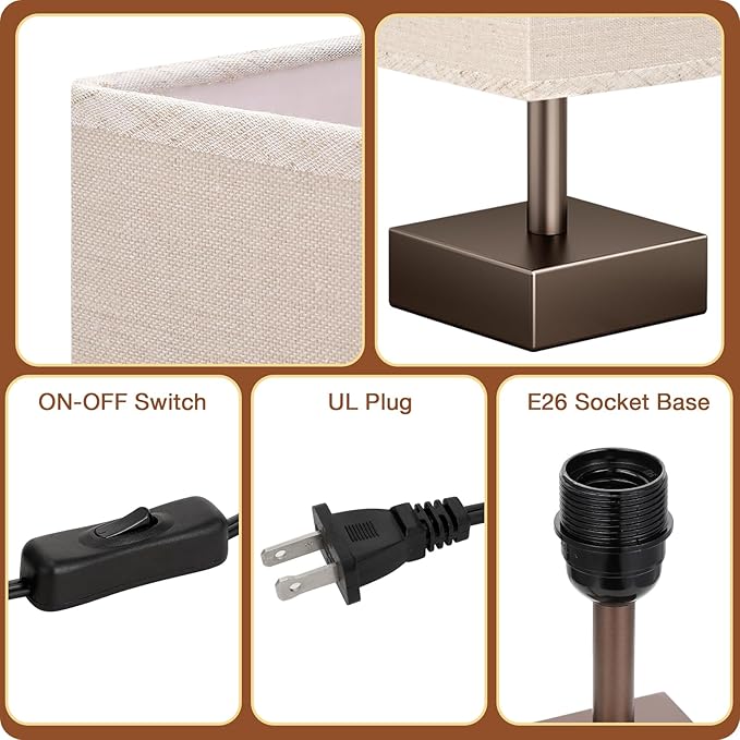 aooshine Browm Small Bedside Lamp for Bedroom - Square Beige Fabric Shade | Inline Rocker Switch, Corded Electric, Bulb Not Included, 12.8" Mini Table Lamp for Nightstand, Desk, Dorm, Office