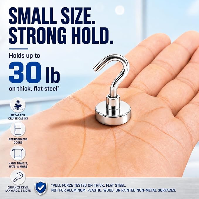 Neosmuk Magnetic Hooks, Heavy Duty 30lb+ Strong Magnet Hook for Cruise Cabins, Cruise Essentials 2026 for Hanging, Metal Wall Refrigerator Hangers (Silver White, 10 Pack)