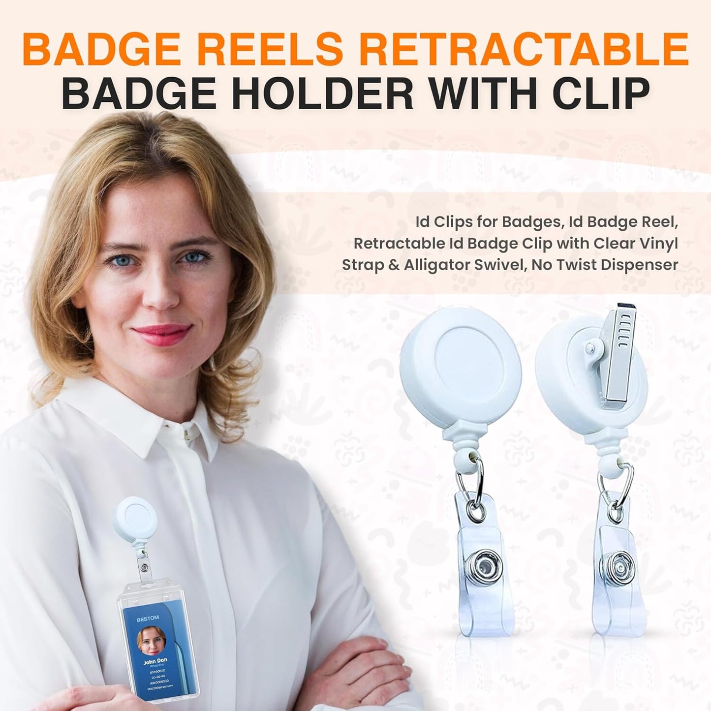 100 Pack Badge Reels Retractable Badge Holder with Clip, Id Clips for Badges, Id Badge Reel, Retractable Id Badge Clip with Clear Vinyl Strap & Alligator Swivel, No Twist Dispenser (White)