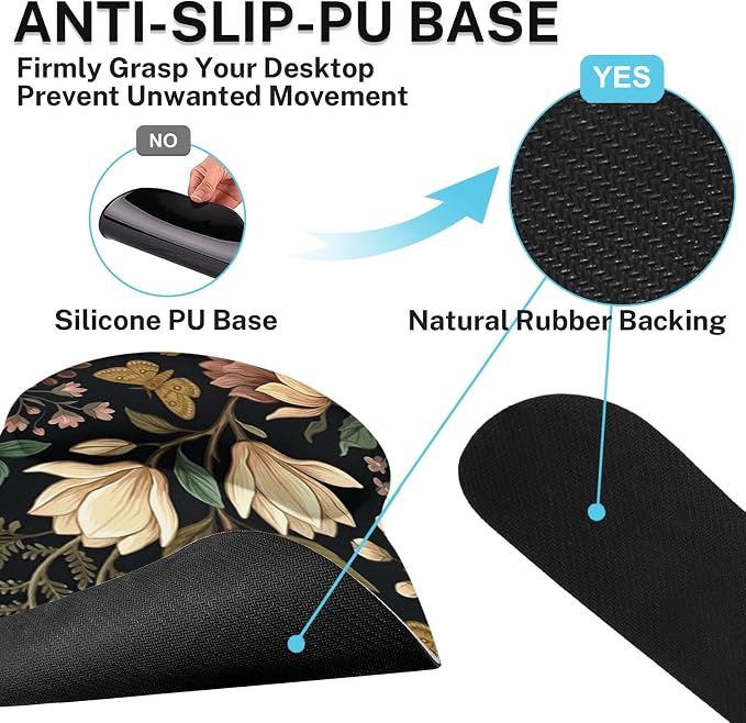 Ergonomic Mouse Pad Set with Wrist Rest, Floral Flower | Leaves Colorful Non-Slip Rubber Base Wrist Cushion Support and Coasters Mousepad with Wrist Support for Computer Keyboard