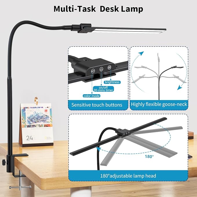 Desk lamp,Double Head LED Desk Lamp with Clamp,Architect Desk Lights for Home Office,Eye-Caring Desktop Office Lamp 4-Brightness 4-Color Table Lamp for Monitor Workbench Study Reading | Eye-Caring Desk Lights for Home Office Monitor Computer Workbench,...