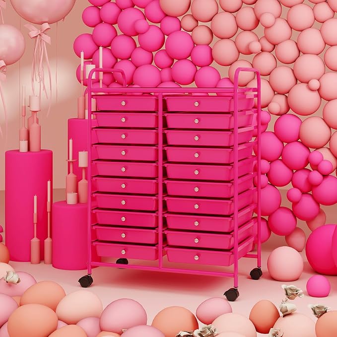 RELAX4LIFE 20-Drawer Rolling Storage Cart - Mobile Rolling Cart w/Drawers for School Classroom Teacher Office Home Salon, Paper File Art Supply Craft Organizer, Utility Cart on Wheels (Hot Pink)