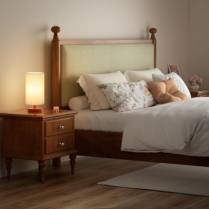 Small Table Lamps (Beige Shade - Walnut Base, 9" Inline Control) | 3000K LED Blub Included | 680 Lumens | Easy Assembly | Minimalist Design | E26 | for Kitchen | for Kids Room