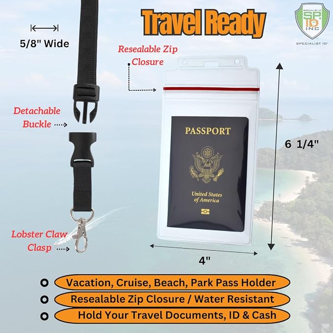 Bulk 20 Pack - Heavy Duty Water and Tear Resistant Passport Holders with Lanyard - 4X6 Insert is ideal for Cruise and Beach Vacation Documents (Black)