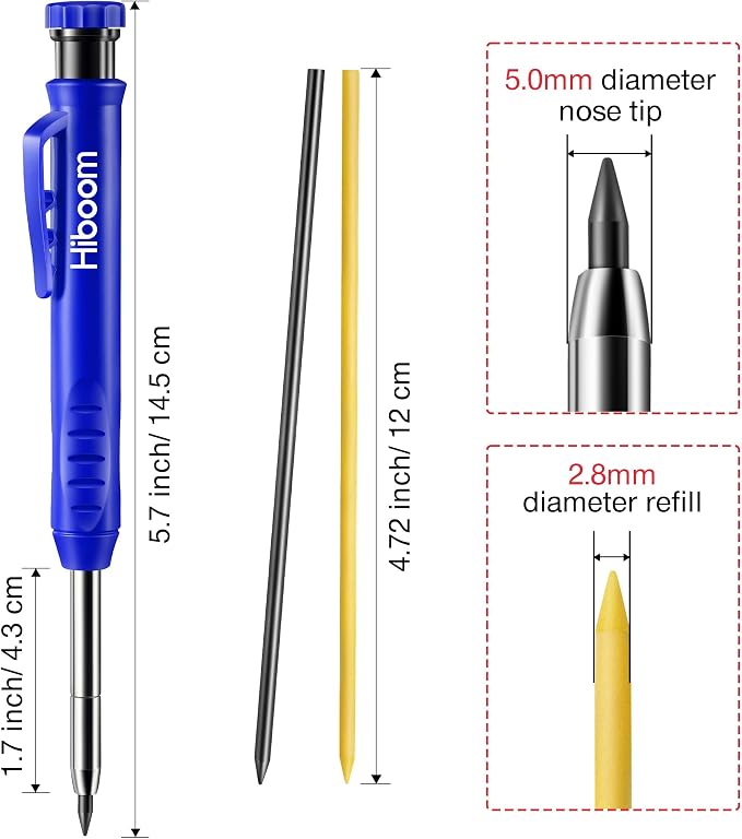 Hiboom 2 Pack Mechanical Deep Hole Carpenter Pencil, 14 Refills | Deep Hole Marker, Long Reach Tip, Built-in Sharpener, Wood, Metal, Concrete, Construction, Woodworking, Architect