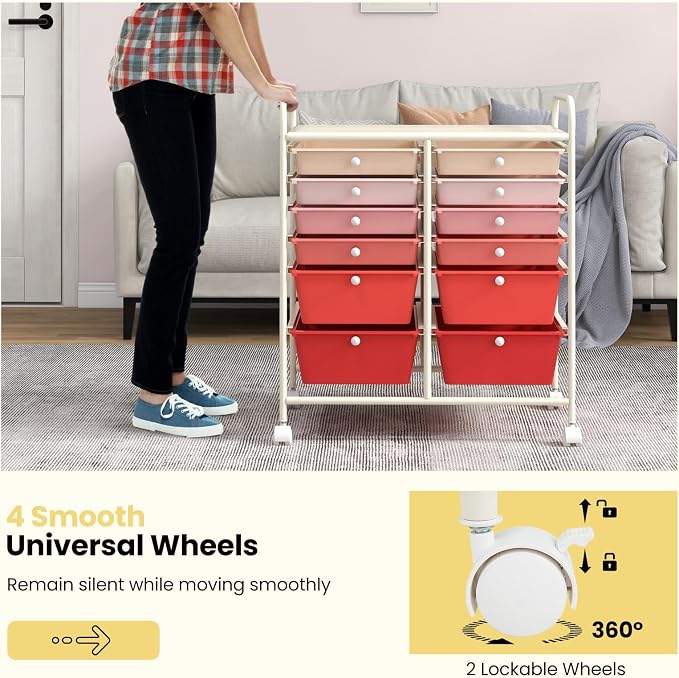BECOMFORT 12-Drawer Rolling Cart with Drawers, Storage Cart on Wheels, Teacher Classroom Organizers with Metal Frame, Mobile Craft Cart, Trolley Utility Cart for School Office Play Room