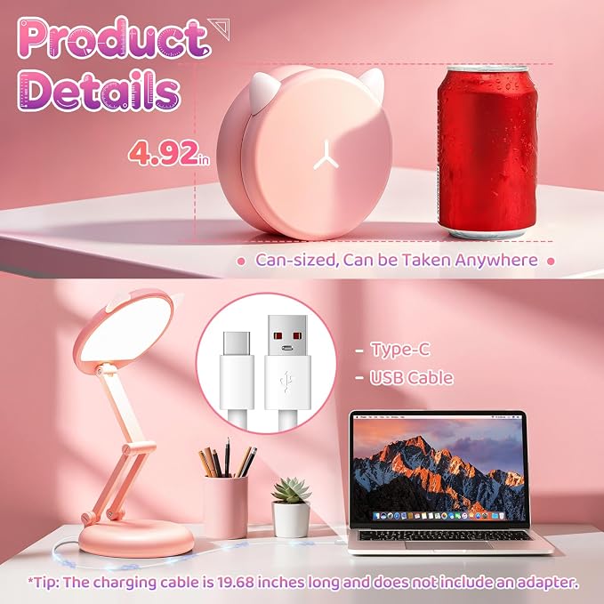 One Fire Cute Desk Lamp Pink Dorm Lamps for College Girls Foldable Portable Rechargeable Dimmable Cute Cat Lamp Kawaii Room Decor,College Dorm Decor for Girls Pink Classroom Essentials