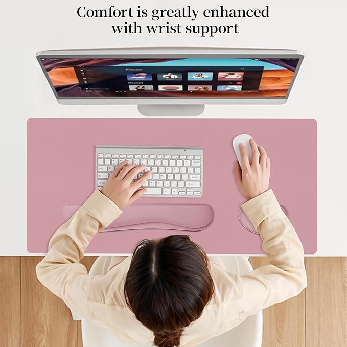 Mouse Pad and Keyboard Wrist Rest, 3-in-1 Keyboard and Mouse Pad | 31.5" x 15.7" Dusty Pink Desk Mat Set,Ergonomic Wrist Support, Non-slip & Waterproof Computer Mat,Desktop Protector for Women