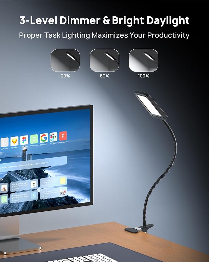 TROND LED Desk Lamp with Clamp, 1000LM Bright 3-Level Dimmable Desk Light | 6000K Daylight Extra-Long Flexible Gooseneck Clip on Light, Eye-Care Clamp Lamp for Painting, Workbench,Reading, Sewing