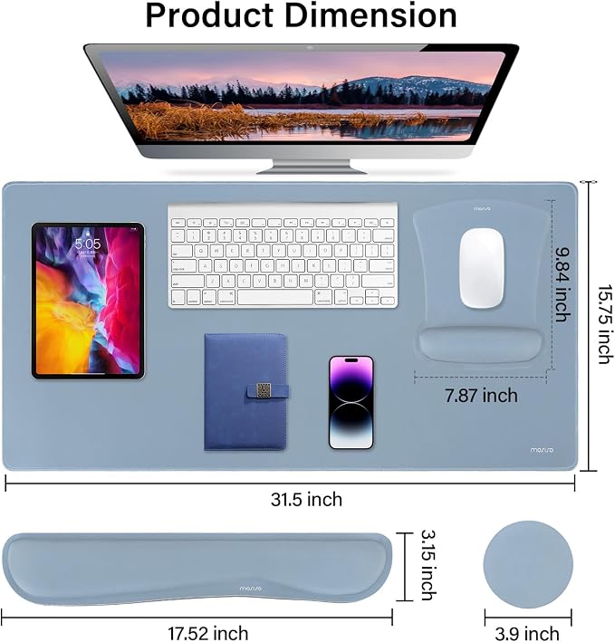 MOSISO Keyboard Mouse Pad Set, Large Gaming Mousepad&Keyboard Wrist Rest | Mouse Wrist Rest&Coaster, Ergonomic Non-Slip Mousepad&Easy Typing Cushion with Memory Foam for Home Office, Baby Blue