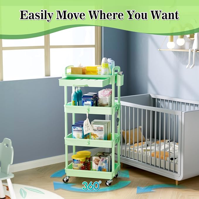 SUNALLY 4 Tier Rolling Cart with Drawer, Craft Storage Cart Organizer,Green | Bathroom Storage Organizer with 2 Lockable Wheels, Rolling Utility Cart for Kitchen, Office, Baby, Makeup, Nail,Snack,Laundry
