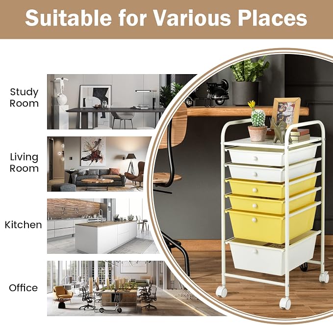 COSTWAY 6-Drawer Rolling Storage Cart, Art Craft Tools Organizer on Wheels | Multifunctional Heavy Duty Utility Mobile Storage Trolley w/ 2 Lockable Wheels for Home Office School (Yellow, Beige & Grey)