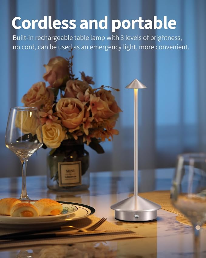 Modern Cordless Table Lamp Set of 2, Brushed Nickel LED Desk Lamps | 5000mAh, Rechargeable, Battery Operated Lighting for Bedroom, Dining Room, Restaurant, Coffee Shop, Camping, Night Light