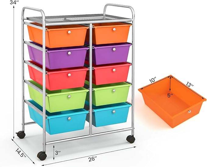 BECOMFORT 10-Drawer Rolling Cart with Drawers, Storage Cart on Wheels, Teacher Classroom Organizers with Metal Frame, Mobile Craft Cart, Trolley Utility Cart for School Office Play Room