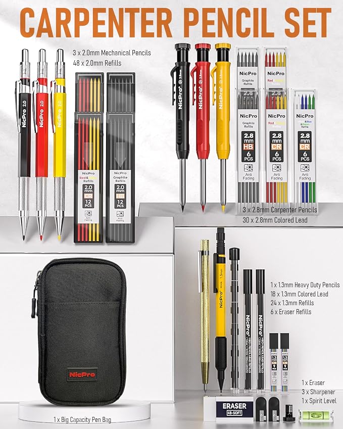 Nicpro 28 Pack Carpenter Pencil Set with Sharpener, Canvas Case | Mechanical Carpenter Pencils + 127PCS Refill, Carbide Scribe Tool, Heavy Duty Construction Pencils for Architect Woodworking