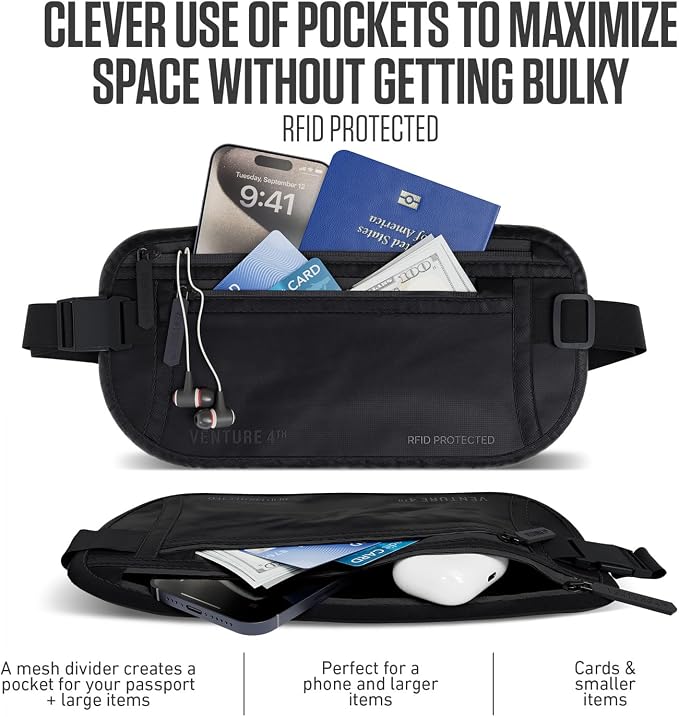 VENTURE 4TH Travel Money Belt, RFID Blocking Passport Holder - Sleek Black