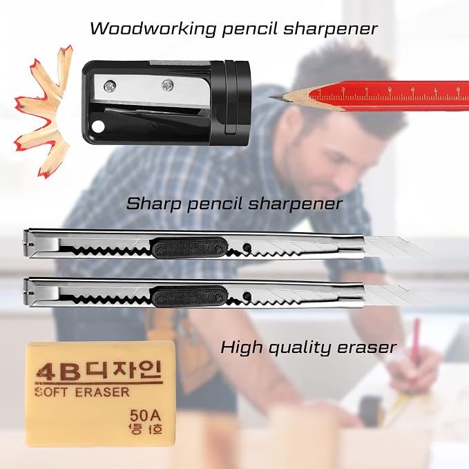 Clabby 10 Pcs Carpenter Pencils 7 Inches Flat Octagonal Hard Black Woodworking Construction Pencils Heavy Duty with Sharpener Utility Knife Eraser for Contractor Carpentry Worker Project Kits