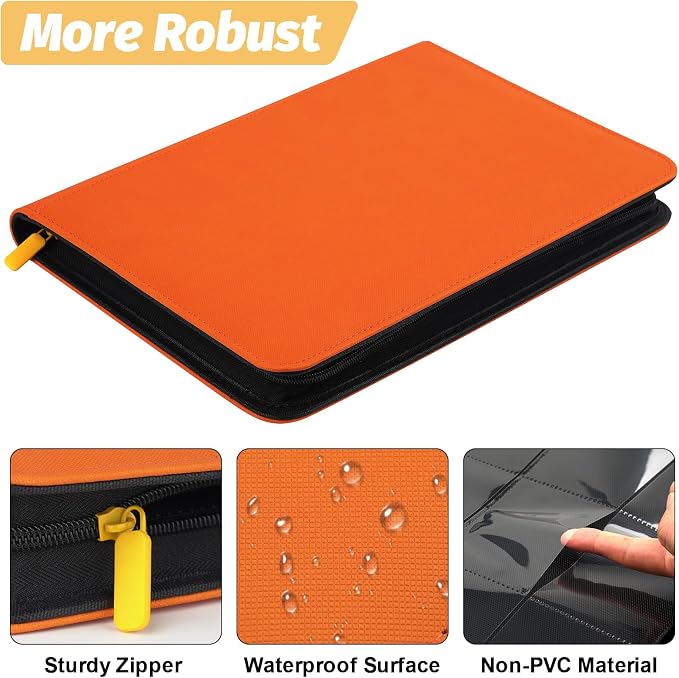 360 Cards Ringless 9-Pocket Side Loading Trading Card Binder, PU Zipper Fixed Page Card Album for TCG Sports Cards, Not Fit Top Loaders (Orange)