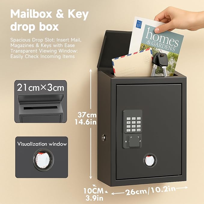 Mailbox with Electronic Lock, Locking Mail Boxes for House, Wall Mount Business Suggestion Box, Key Drop Box, One Time Code/Permanent Code/Spare Key Unlock, Large Capacity, Black, 14x4x10in