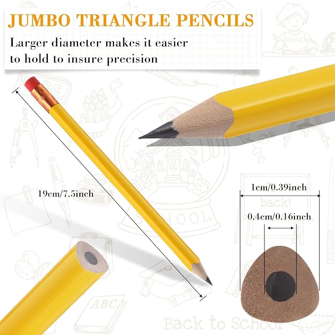 Fainne 96 Pcs Jumbo Pencil with Black Core Cedar Wooden Pencil with Eraser for Carpenters Students Teachers School Construction Woodworkers Beginners Office Workers (Yellow,Triangle)