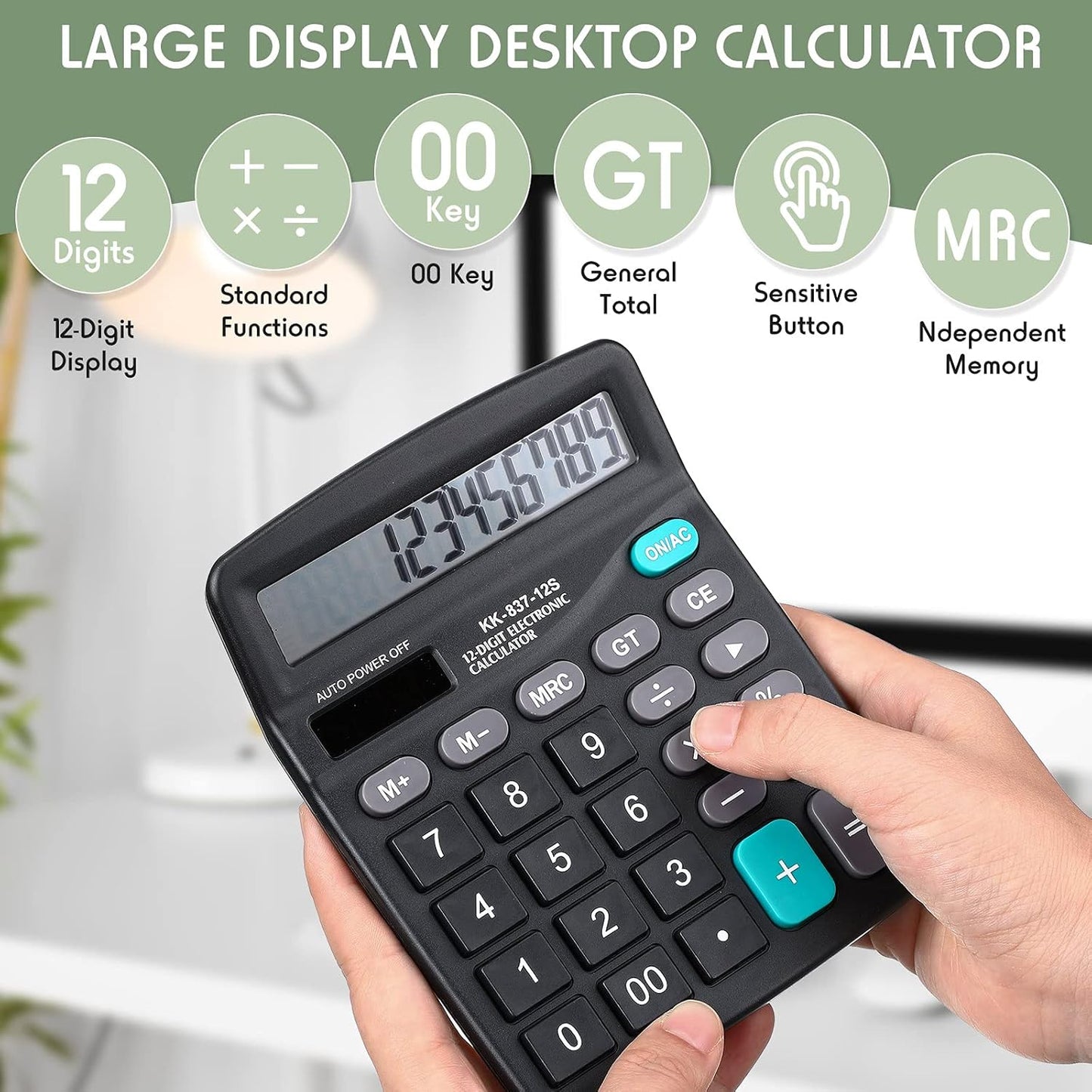 Konohan 8 Pieces 12-Digit Calculator, Solar Basic Desktop Calculator Large Display Electronic Dual Power Handheld for Home Office School(Black)