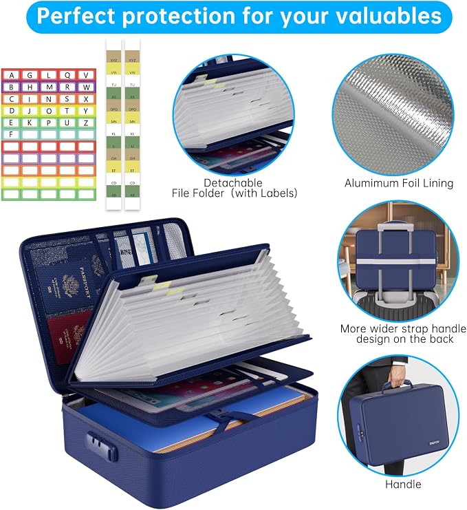 ENGPOW Fireproof Document Organizer Bag with Lock ＆ Accordion File Folder | 5200℉ Multi-Layer File Organizer Box with Lock ,Heat Insulated, Water Resistant, Safe Storage for Home Office Travel, Blue