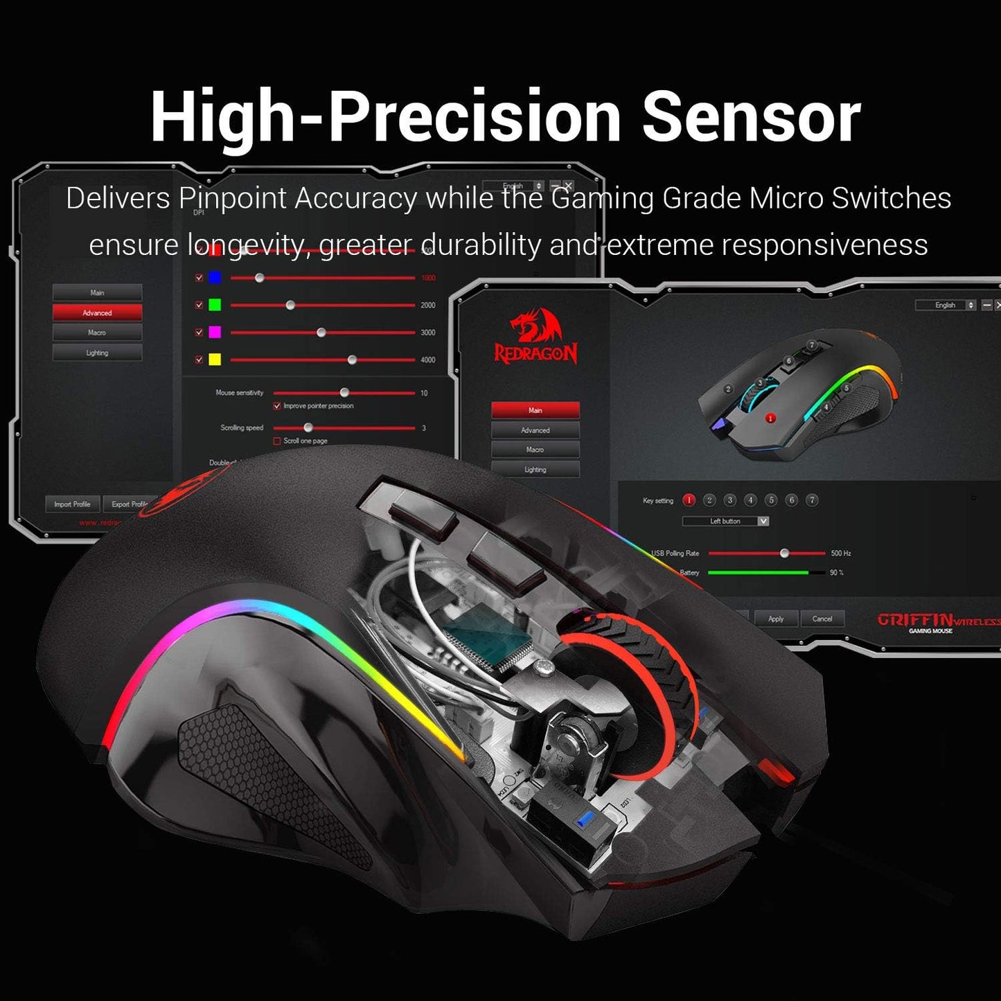 Redragon M602 Griffin RGB Gaming Mouse, RGB Spectrum Backlit Ergonomic Mouse with 7 Programmable Backlight Modes up to 7200 DPI for Windows PC Gamers (Black, Wireless)