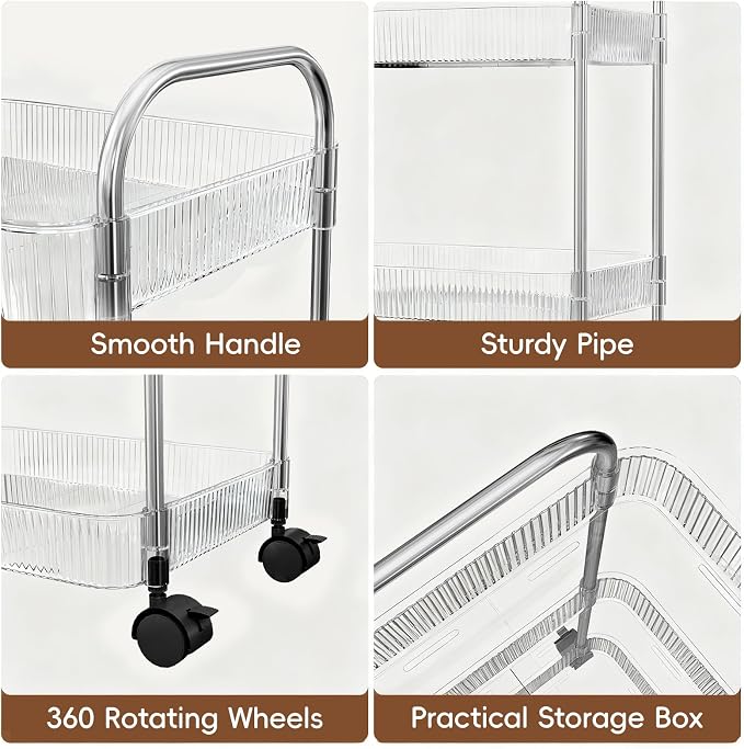 STARLATTA 3 Tier Rolling Cart with Lockable Wheels, Clear Acrylic Utility Trolley with Handle, Heavy-Duty Storage Organizer for Kitchen Bathroom Nursery Laundry - Snack Book Craft Organizer (Clear)