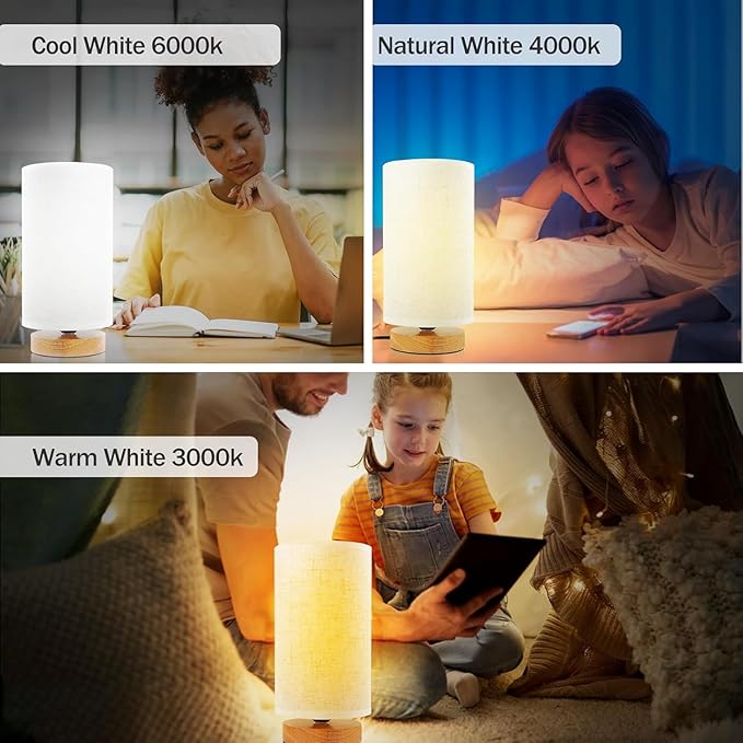 3-Color Adjustable Bedside Table Lamp for Bedroom Set of 2,Minimalist Wood Base&Round Fabric Shade,Cozy Lighting Nightstand Boho Lamp,Reading Desk Night Stand Light for Room,Office,kitchen,Nursery