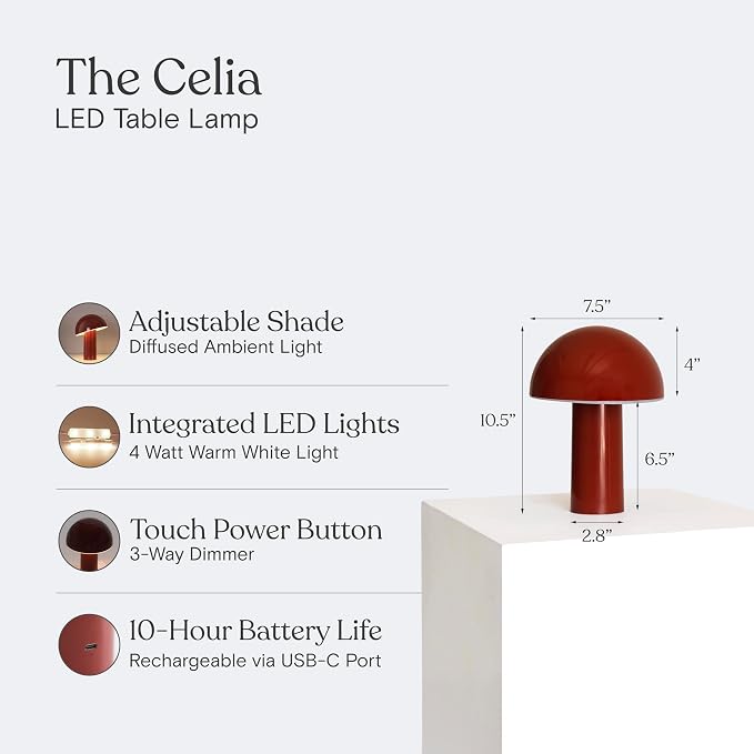 Brightech Celia Mood Lamp – 10" Touch-Controlled Mushroom Table Lamp, Cordless & Dimmable LED, Portable & Rechargeable Bedside Night Light, Sustainable Recycled Modern Patio Lamp for Home Décor – Red