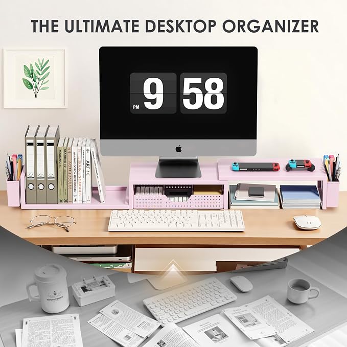 Desk Organizers and Accessories, Dual Monitor Stand Riser with Drawer and 2 Pen Holders, Desk Shelf Computer Racks for Office Workspace Organizers, Desktop Organization (Pink)