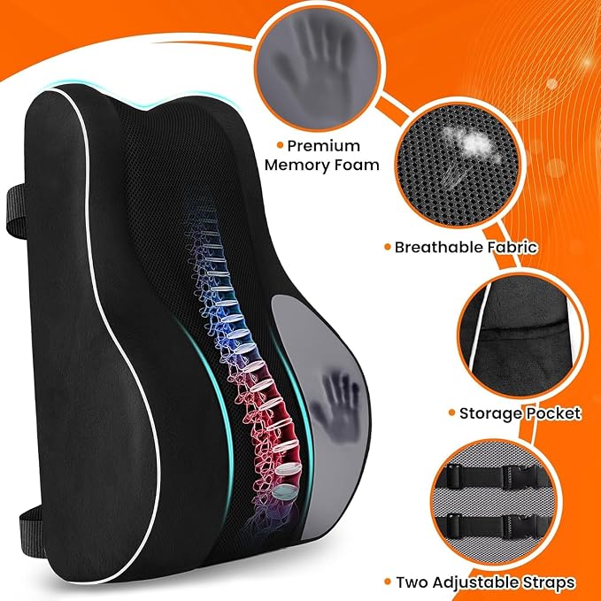 CloudBliss XL Lumbar Support Pillow, Memory Foam for Office Chair, Black | Ergonomic High-Density Memory Foam, Adjustable Straps, Washable Mesh Cover, Lower Back Support for Office, Gaming & Car Seat