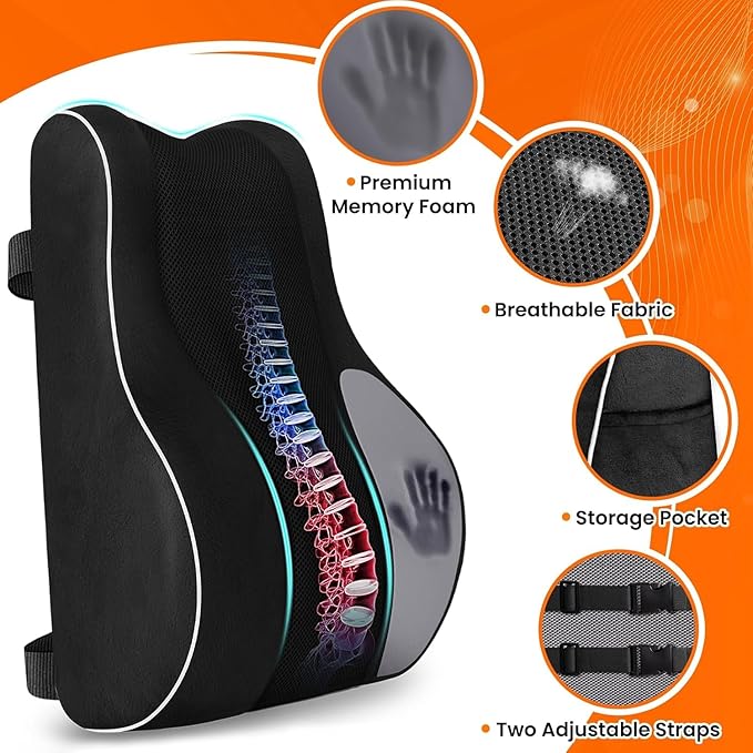 CloudBliss Lumbar Support Pillow, Memory Foam for Office, Standard, Black | Ergonomic High-Density Memory Foam, Adjustable Straps, Washable Mesh Cover, Lower Back Support for Office, Gaming & Car Seat