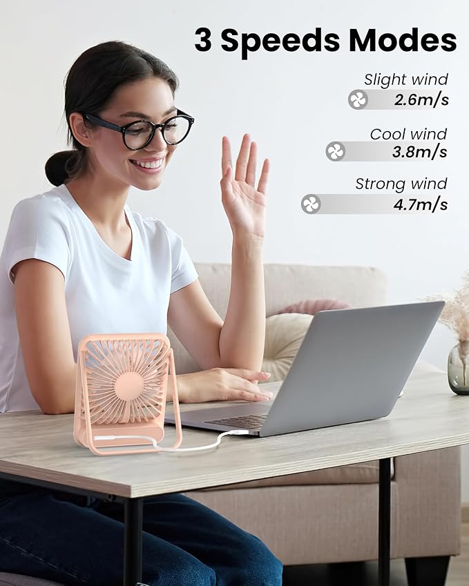 Koonie USB Desk Fan, Strong Wind Ultra Quiet Small Mini Fan | 180° Tilt Folding & 3 Speeds Adjustable, USB-C Corded Powered Personal Fan for Office Desktop Bedroom, Pink, NO BATTERY
