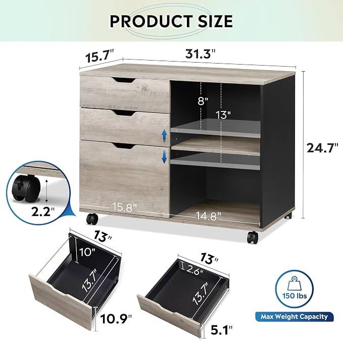 DEVAISE 3-Drawer Wood File Cabinet, Mobile Lateral Filing Cabinet, Printer Stand with Open Storage Shelves for Home Office, Greige | Mobile Printer Stand, Open Storage Shelves, Letter & A4 Compatible, Wood, Home Office