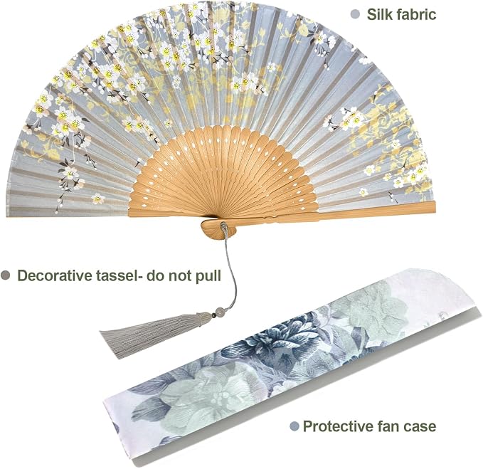 EOSAU Bamboo Hand Fan Foldable 8.3 Inch, Portable Folding Fan with Pouch for Church Wedding Makeup, Small Decorative Cooling Fan for Women (Gray)