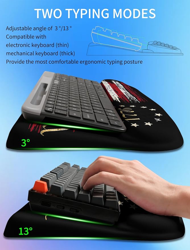 Ergonomic Wave Wrist Rest with Keyboard Stand, Cushioned Palm Rest, Comfortable Integrated Memory Foam for Natural Typing and Relieve Wrist Pain, US Flag