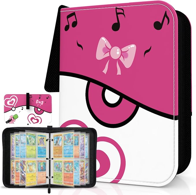 Cute Pink 4 Pocket Trading Card Binder with Zipper and Wrist Strap, Holds 400 Cards, 50 Removable Double-Sided Sleeves, Collectible Card Album Portfolio for Girls
