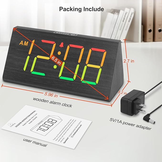 DreamSky Wooden Digital Alarm Clock for Bedroom with RGB Large Numbers | Electric Desk Clock, USB Port, Loud Alarm for Heavy Sleepers, Dimmer and Volume Control, Snooze, Wood Décor, Adapter Powered
