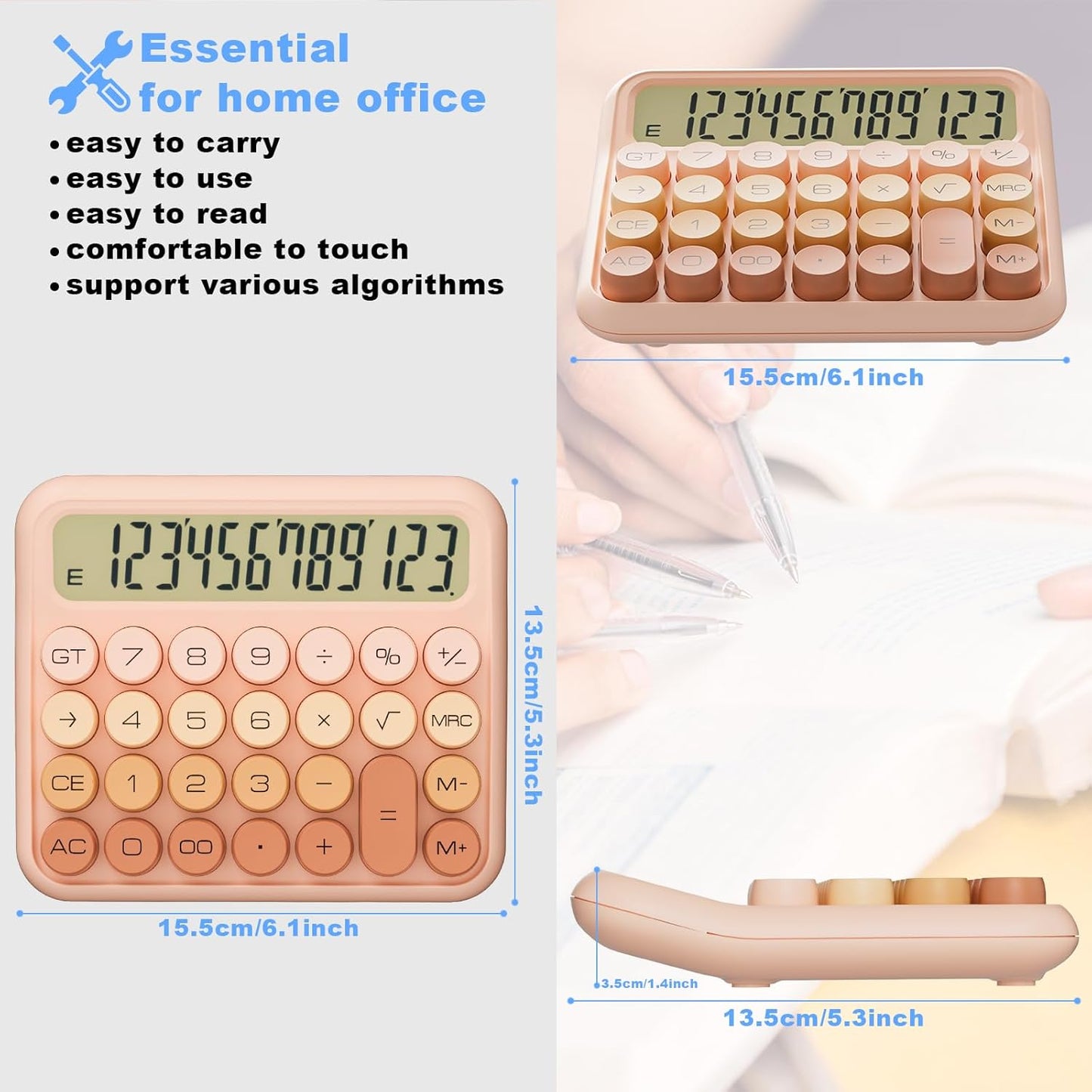 Mechanical Calculator 12 Digit Extra Large 5-Inch LCD Display, DECKLIT Battery Desk Calculator, Big Buttons Easy to Press Office Calculators Desktop, 15°Tilt Screen for Kids Calculator(Gradient Pink)