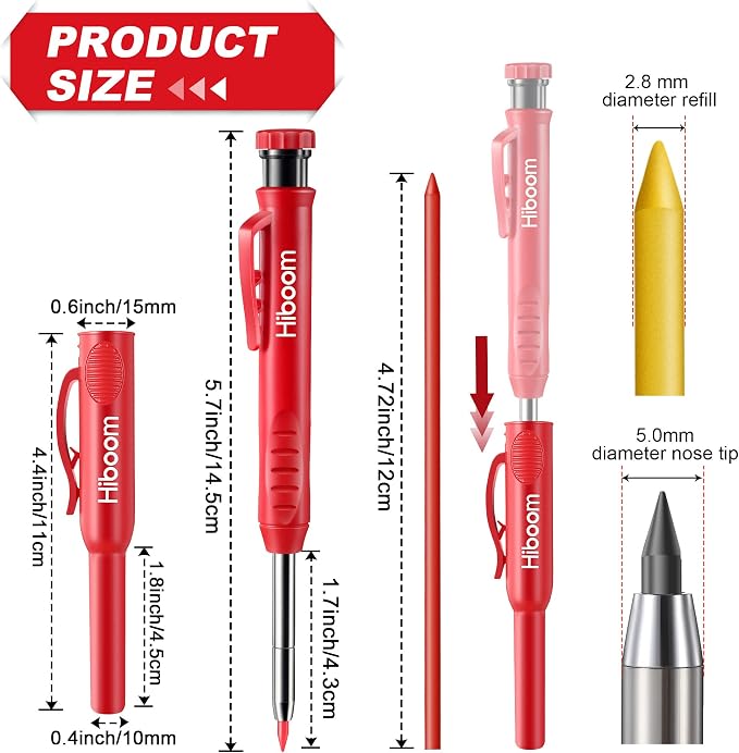 Hiboom 3 Pack Carpenter Pencils Set with 24 Refills | 2.8 mm Carpenters Mechanical Pencil Built in Sharpener, Woodworking Marking Tool Solid Deep Hole Construction Pencil