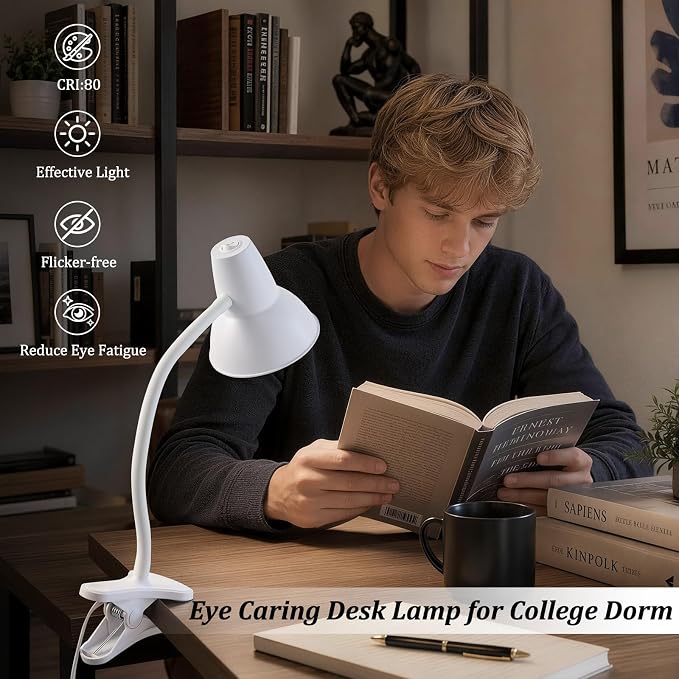 Clip On LED Desk Lamp, Flexible Arm, Eye-Caring Study Lamps for School Dorm | 4.5W Energy-Saving, Anti-tip Bedside Reading Light, Desk Lamps for College Dorm Room, Home Office, Modern Lamp with 1.6m Cord