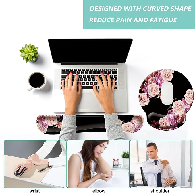 Keyboard Wrist Rest Pad Mouse Pad with Wrist Support Set of 3, Mousepad with Non-Slip Rubber Base, Ergonomic Memory Foam Mouse Wrist Cushion Support for Home Office Laptop Computer Gaming, Flowers