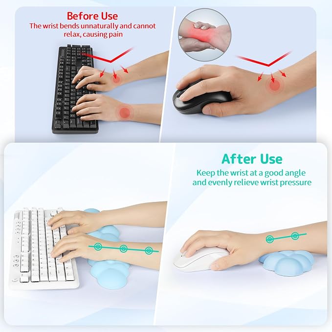 Cloud Wrist Rest Keyboard, Cloud Keyboard Wrist Pad Set with PU Leather Memory Foam, Cute Arm Rest for Palm Support, PC/Gaming Desk Accessories/Office Setup/Computer Hand Cushion - Blue
